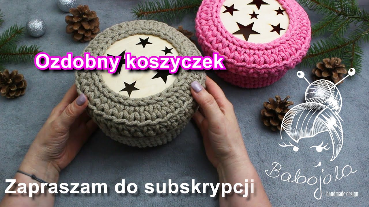 Szydełkowy koszyczek ze sznurka bawełnianego z wieczkiem.