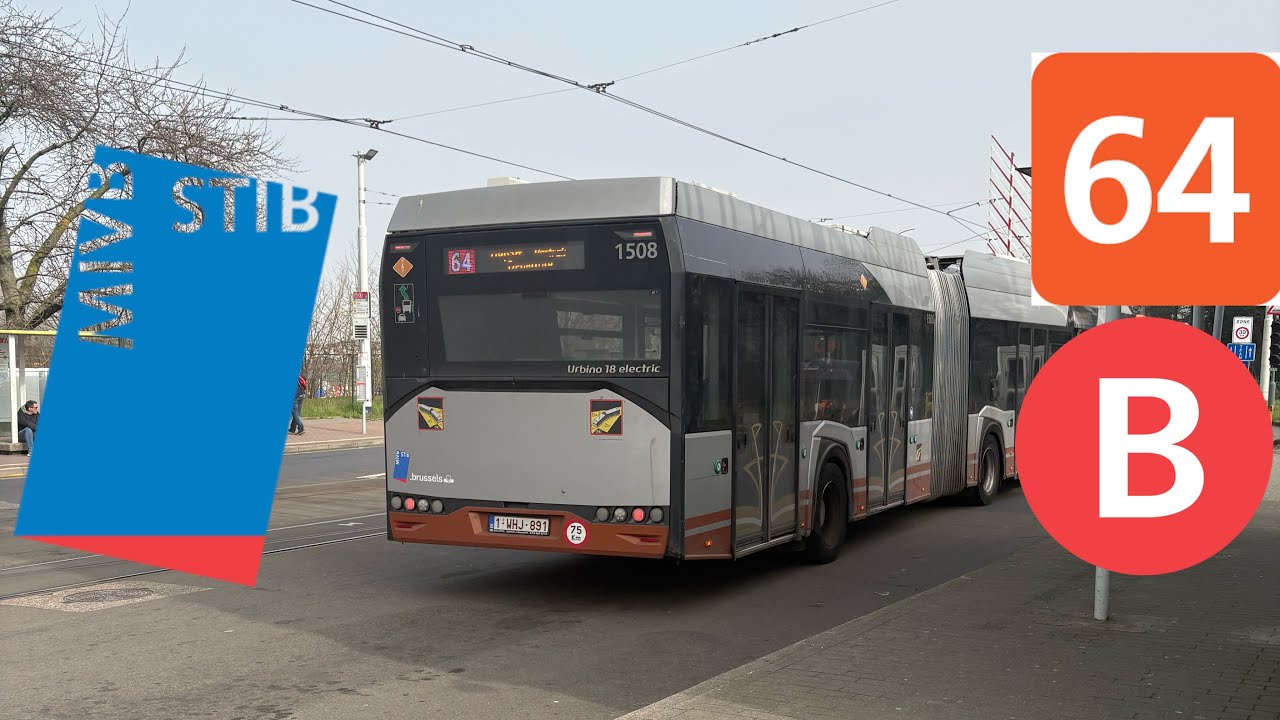 Stib : Trajet complet ligne 64 - Porte de Namur - Bordet station dans un Solaris 18 électrique(1508)