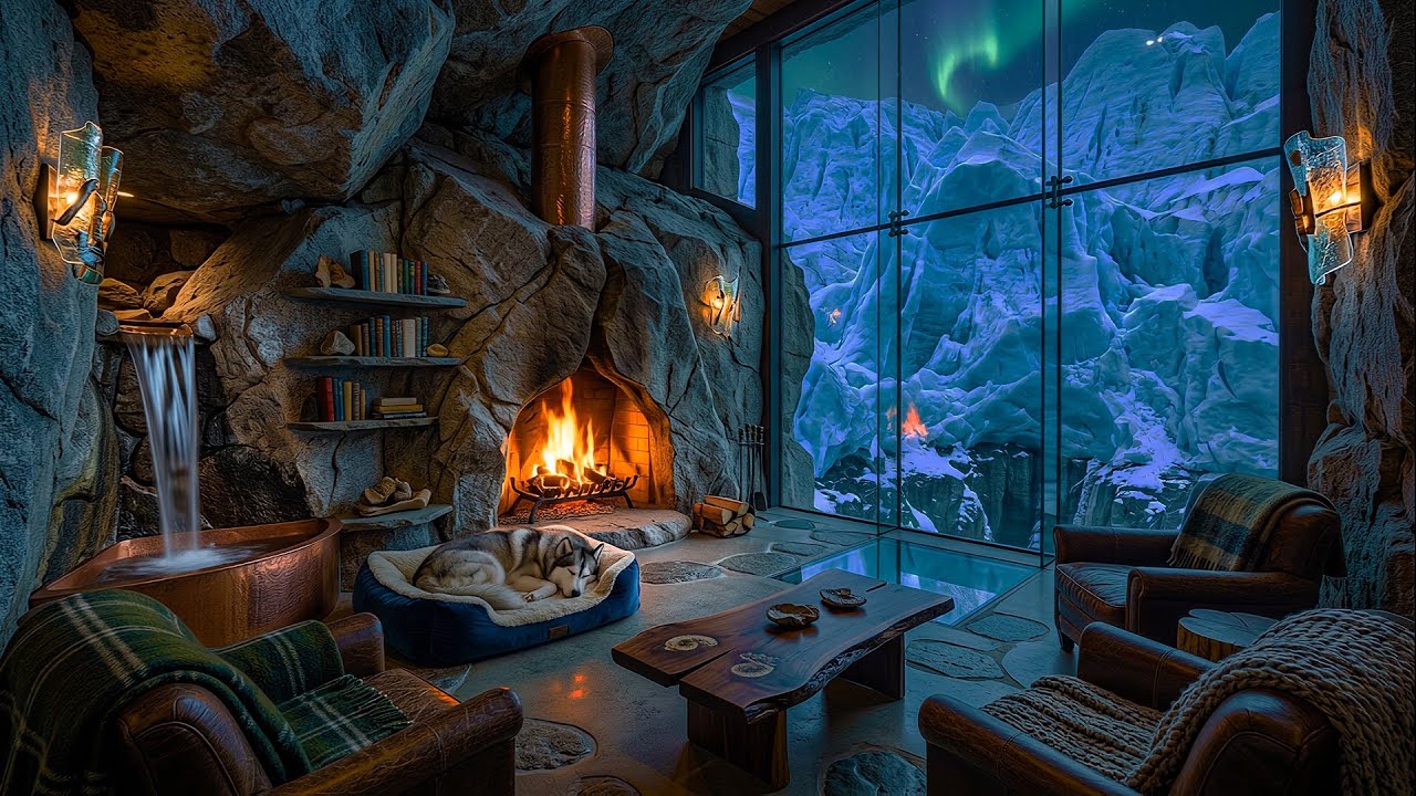 Arctic Cave Fireplace Ambience | Waterfall, Snowfall & Fire Sounds 10+ Hours