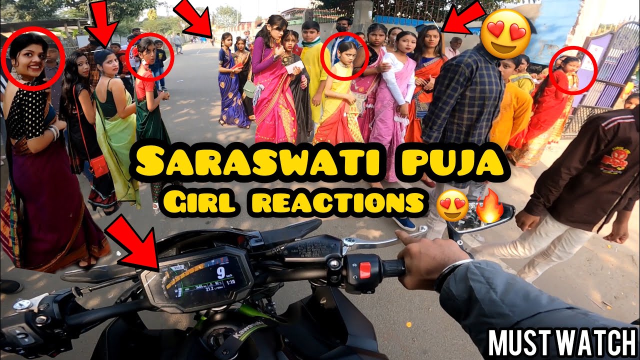 Cute Girl and Saraswati Puja Reactions on Kawasaki Z900🔥||Loudest Z900||Full Rev🥰