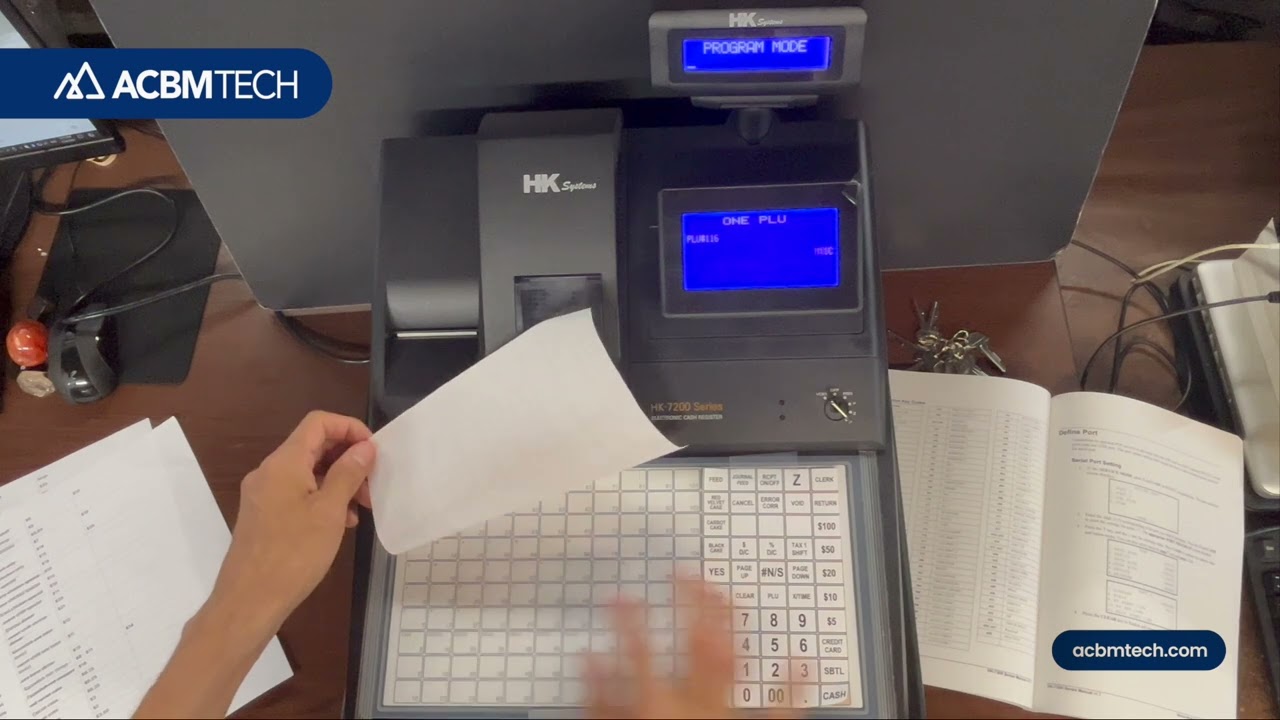 Program preset items on the 100+ PLU flat keyboard on the HK Systems HK-7200 cash register. Part 3