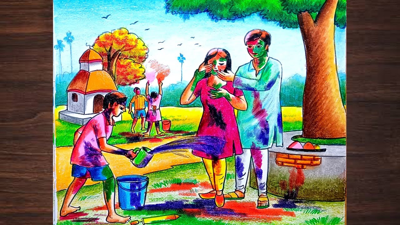 Holi festival scenery drawing step by step/Bengali festival scenery drawing
