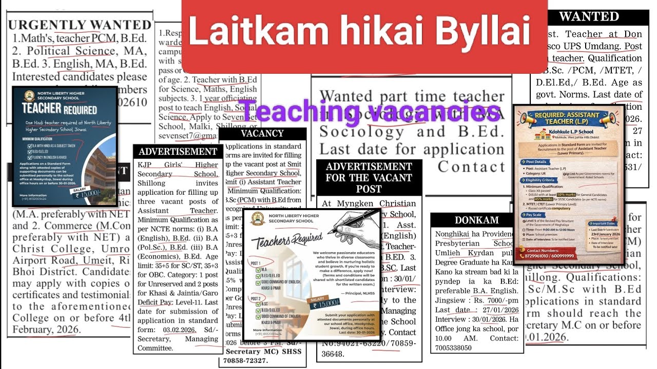 Laitkam hikai Byllai - Teaching vacancies: KJP Girls' HSS, Don Bosco UPS, Maths, Science,...