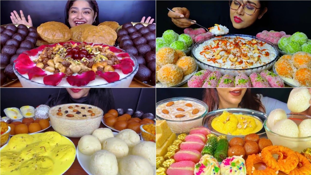 Asmr Eating Yummy Indian Sweets 😋 Rice Kheer  Rosmalai Kala Jamun Rosogolla GulabJamun Bunde Laddu👌😋