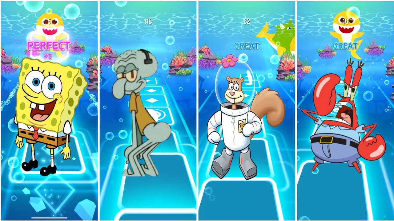 SpongeBob 🆚 squidward 🆚 Mr karba 🆚 Sandy cheeks EDM rush tiles hop