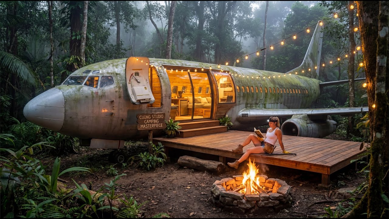 Building a Wilderness Home in a massive Boeing 777 Jetliner Solo Girl ASMR