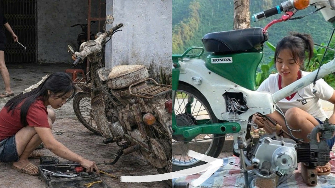 The girl is repairing and restoring a classic 1973 car that she loves very much.