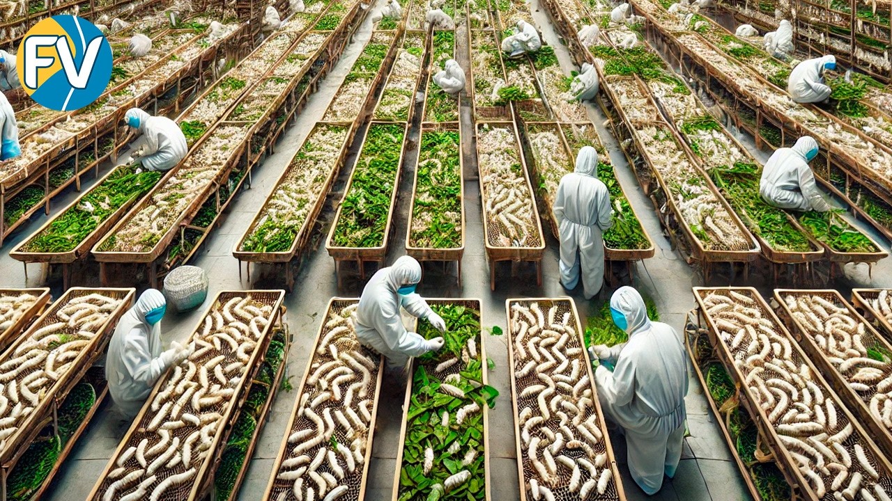 Miles de millones de gusanos de seda para una fábrica china de procesamiento de capullos.