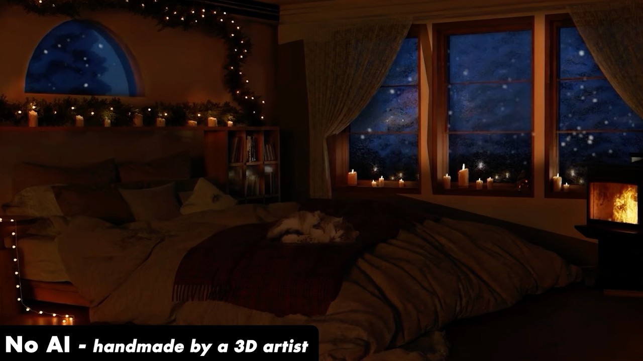 💤Cozy Bedroom Ambience with Crackling Fireplace & Gentle Snowfall | Relaxing Winter Sounds
