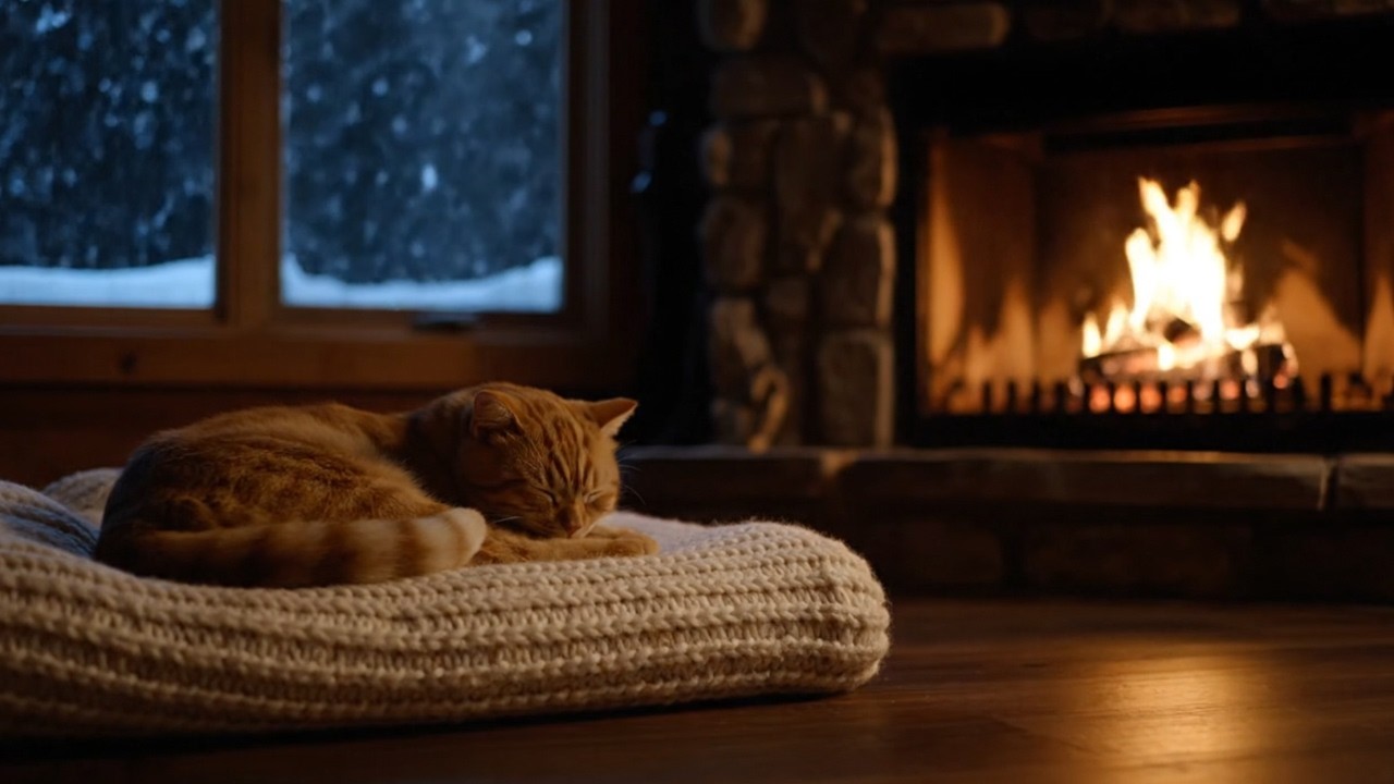 Sleepy Cat by the Fireplace 🔥 Snowy Night Fire Sounds for Deep Sleep
