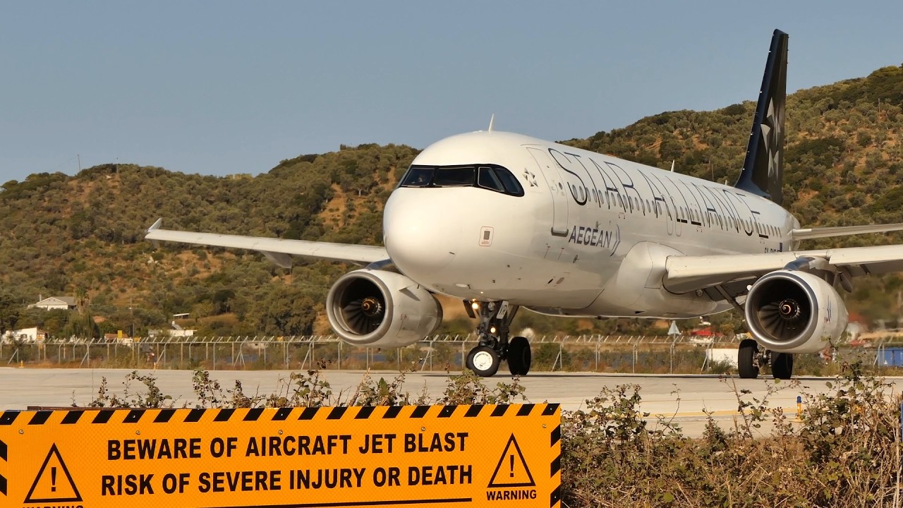 17-year-old A320 - Aegean from/to Athens: landing, taxiing, blast and takeoff