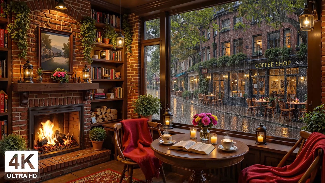 Peaceful Coffee Shop Jazz for Chill Out ☕ Cozy Rain & Fireplace Ambience with Smooth Instrumentals