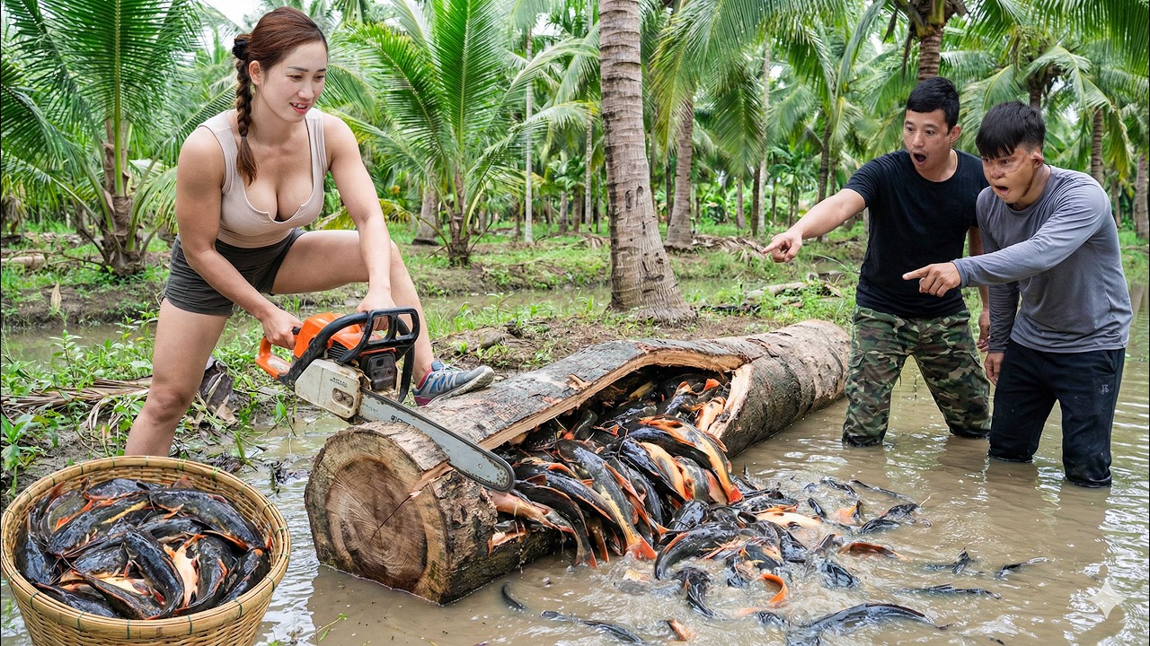 Shocking! Many Giant Catfish Inside Tree Trunk, Woman Fights Back with Chainsaw - What Happens Next?