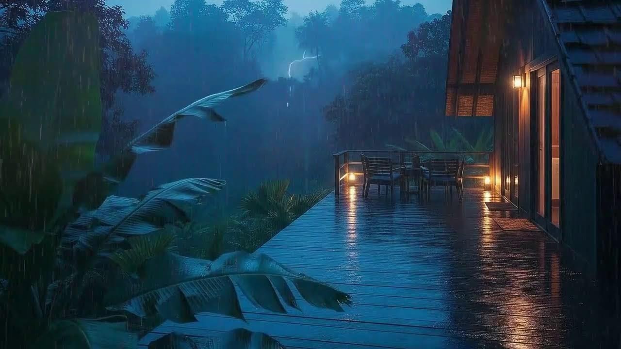 Sleep Faster with Soft Rainfall and Soft Thunder Murmur at Forest Cabin Terrace 🌧️