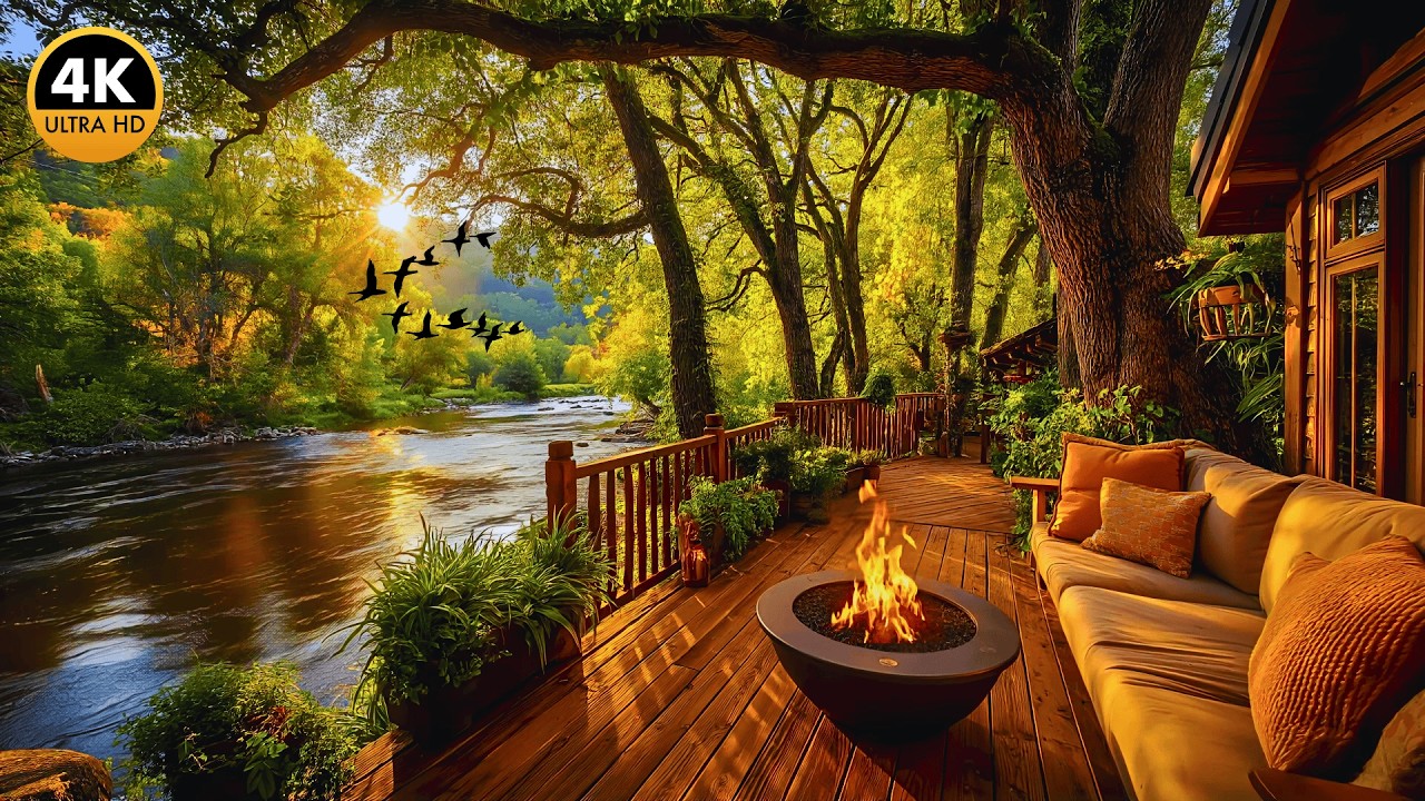 Peaceful Spring River Cabin Ambience | Cozy Porch Fire and Relaxing Nature Sounds 4K