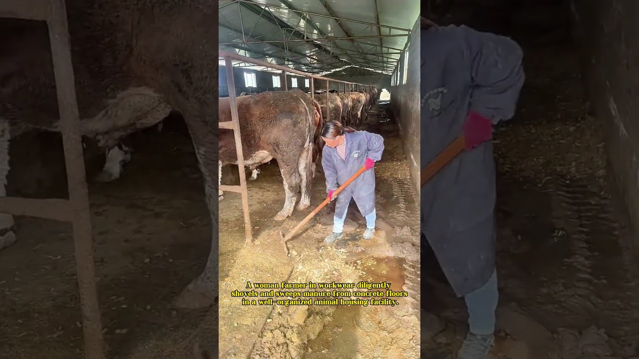 Female Farmer Cleaning Animal Waste in Livestock Barn