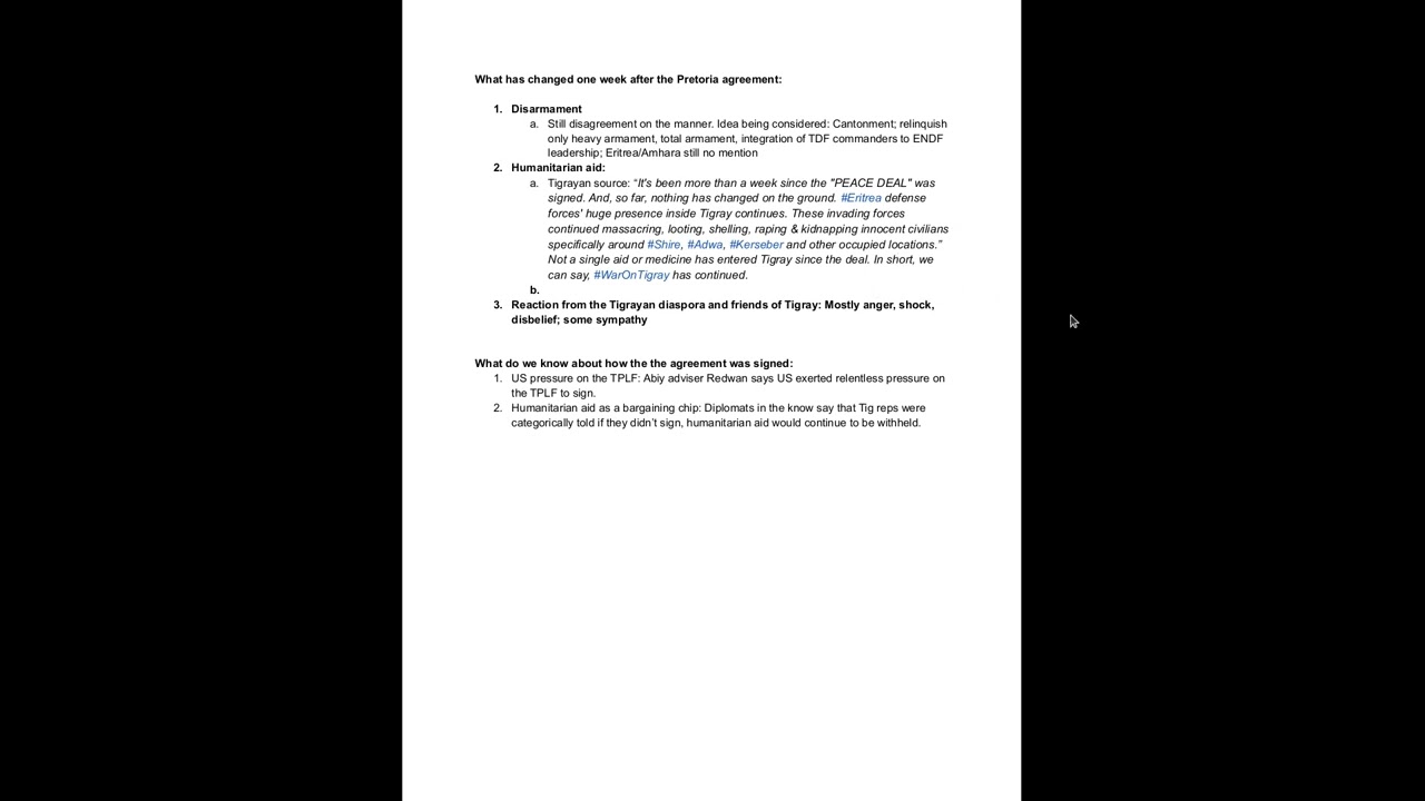 What has changed following the Pretoria agreement between the TPLF and Ethiopia regime