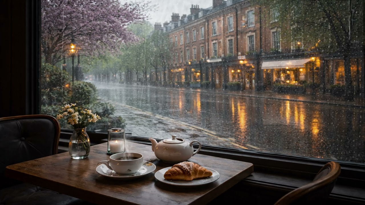 Rainy London Café Ambience ☕ Spring Rain & Soft Jazz Piano | Cozy Coffee Shop Window Sounds