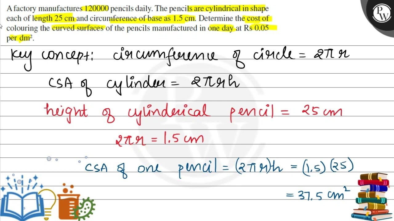 A factory manufactures 120000 pencils daily. The pencils are cylindrical in shape each of length ...