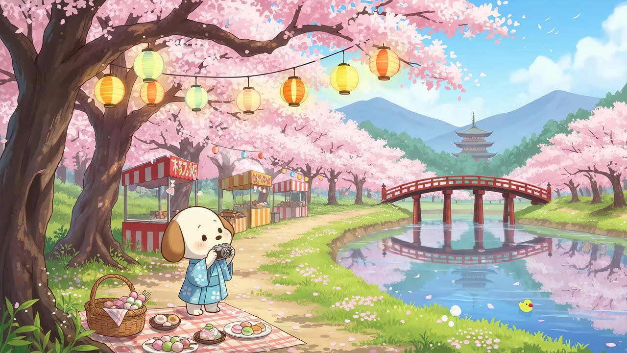 Cozy Spring Picnic With Puppy 🌸 Lofi Beats To Relax And Focus 🍡 Dreamy Sakura Festival Ambience