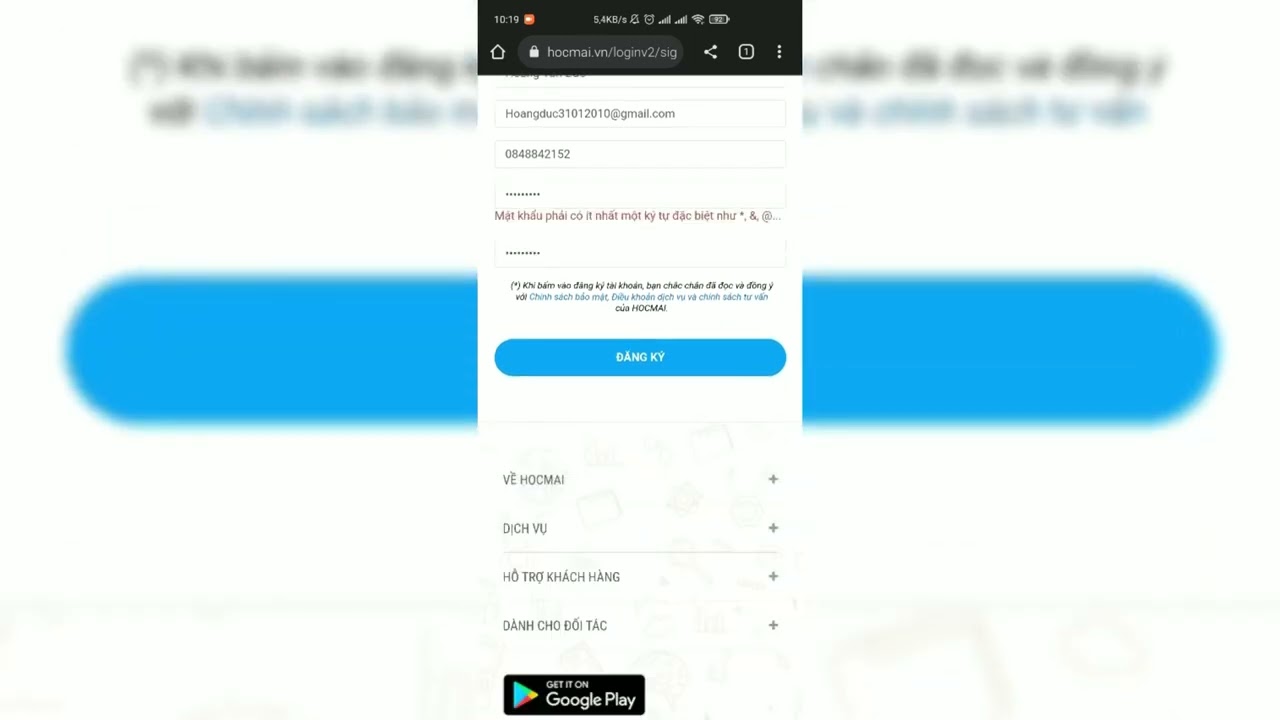 Hướng dẫn tạo t&agrave;i khoản HOCMAI tr&ecirc;n điện thoại