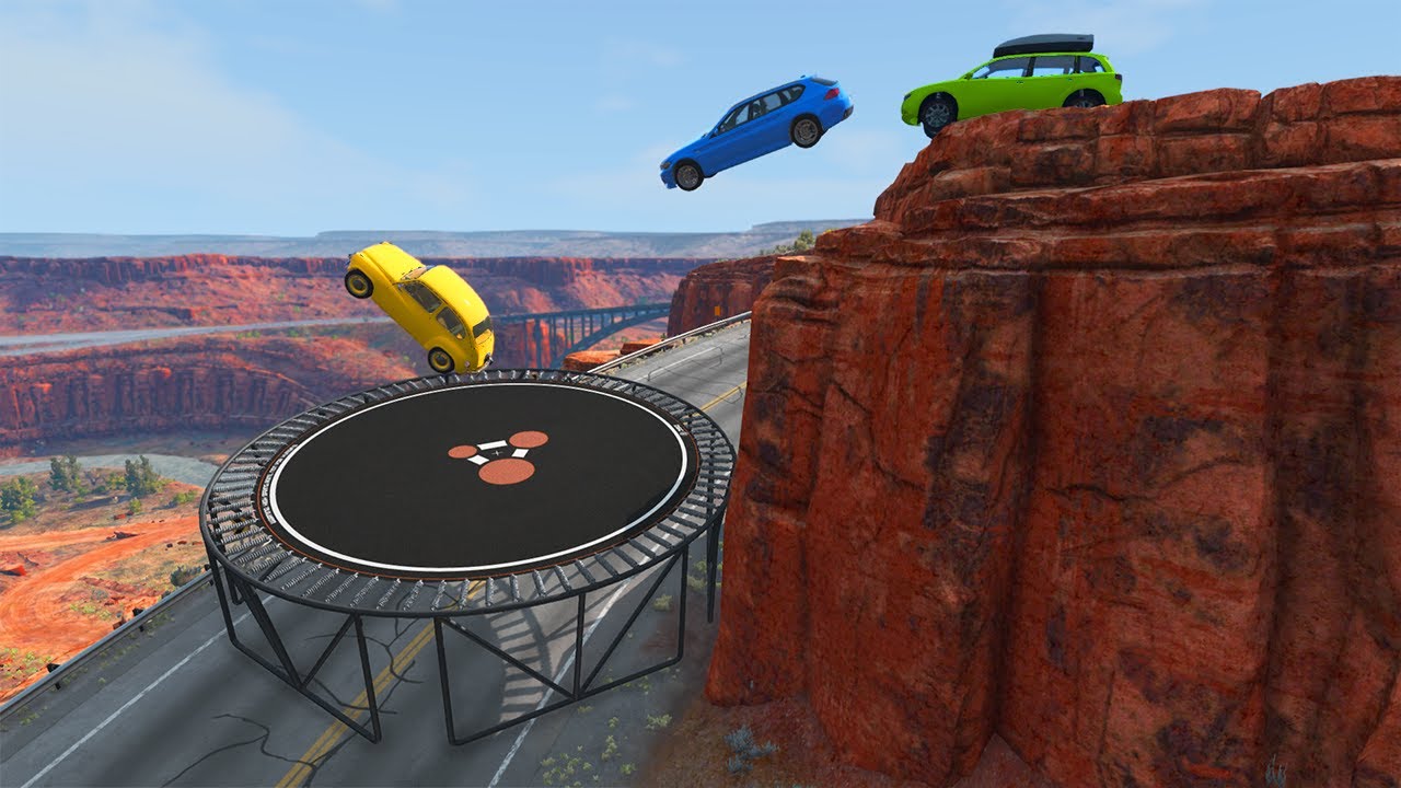 Crushing Cars from a Steep Cliff VS Giant Trampoline - BeamNG.Drive