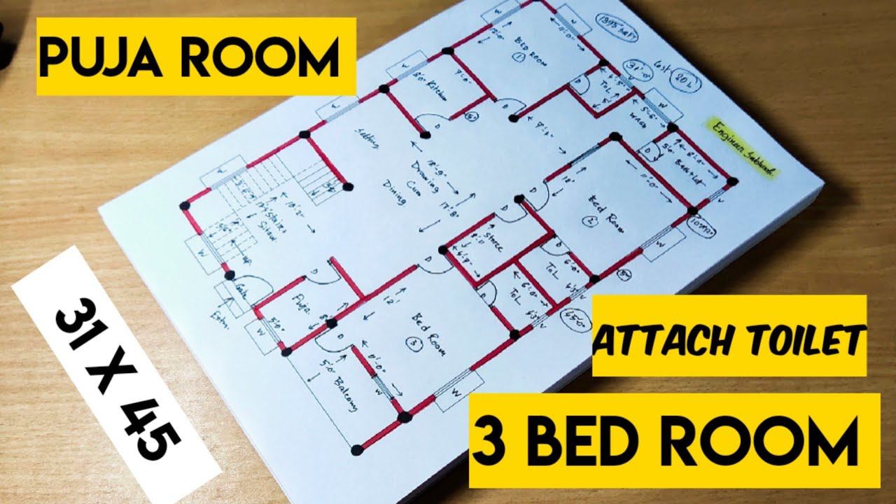 3 bed room with attach toilet house design II 31 x 45 ghar ka naksha II puja room II 3 bhk house