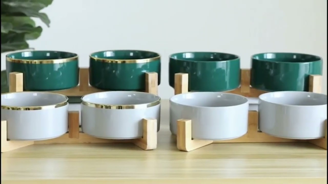 Amazon Hot Sale Ceramic Bowl Pet Dog Wooden Elevated Stand Feeder Cat Bowls Dining Table