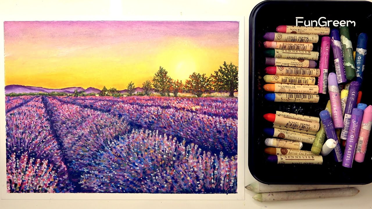 Oil Pastel Drawing : A Lavender Field using Sennelier & Mungyo 오일 파스텔[Time-Lapse]