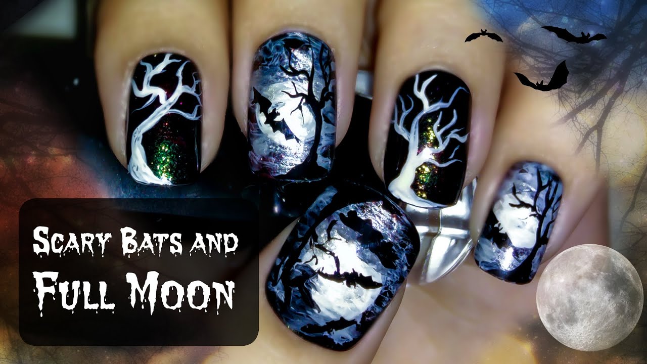 Scary Bats and Full Moon Halloween Nail Art Tutorial