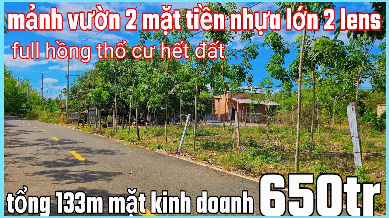 Bán mảnh vườn 2 mặt tiền kinh doanh nhựa 2 lens 133m dt 1962,0m² giá 650tr bao sổ dân cư đông 