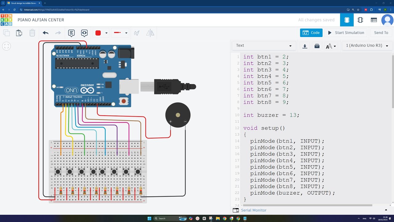 Tutorial Membuat PIANO Menggunakan Arduino Uno, Buzzer, dan Button di Tinkercad