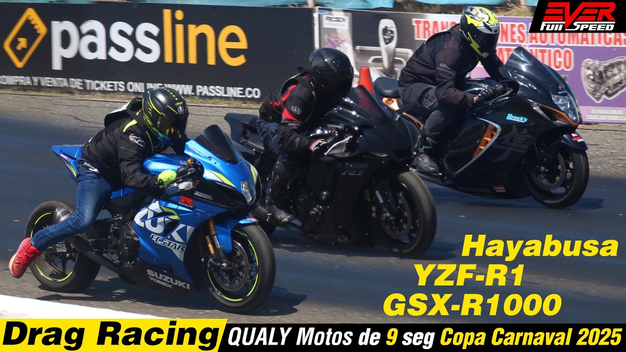 ⏱️ Yamaha R1 🆚️ Suzuki Hayabusa 🆚️ Suzuki GSXR1000: DRAG RACES. Qualy 9 sec Copa Carnaval 2025