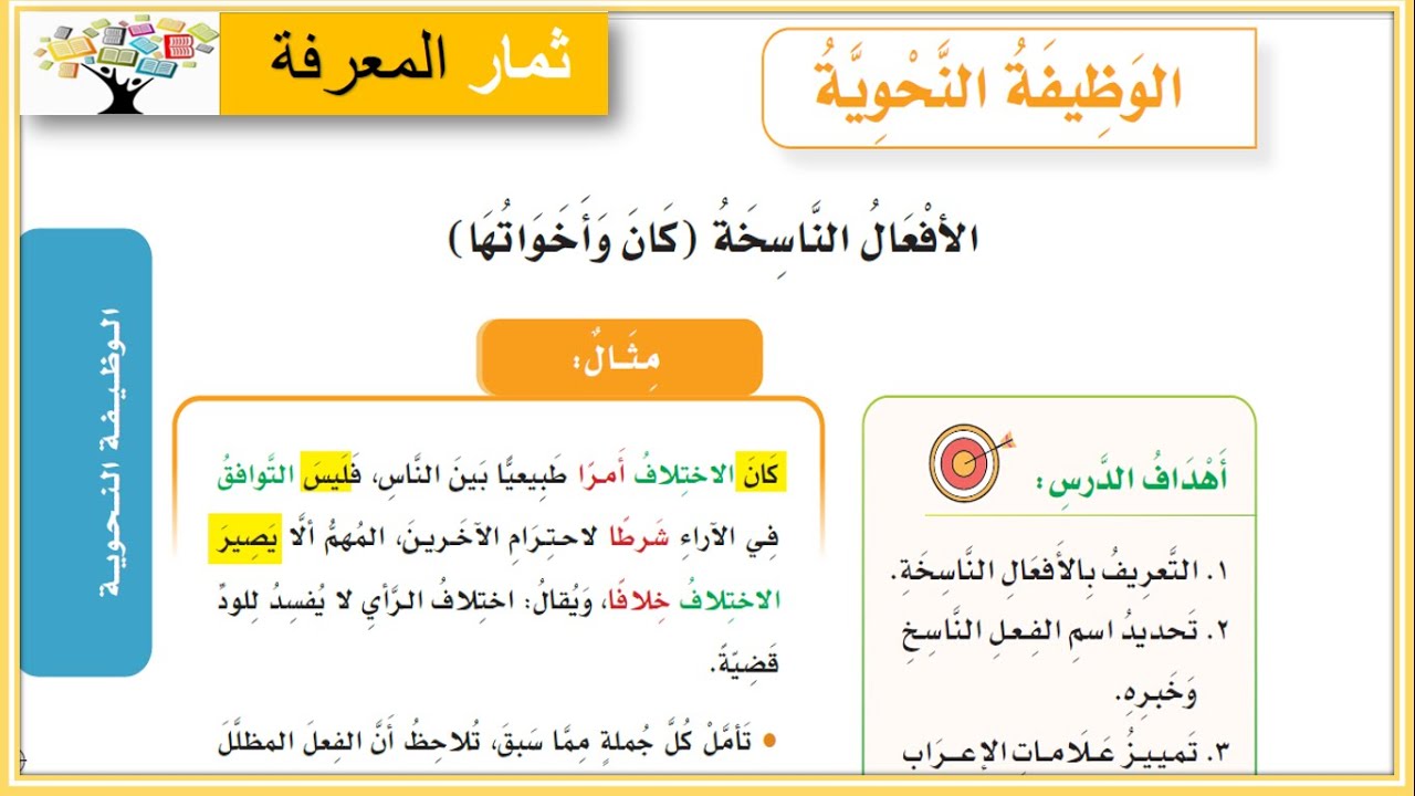 الأفعال الناسخة ( كان و أخواتها ) للصف السادس لغتي الجميلة