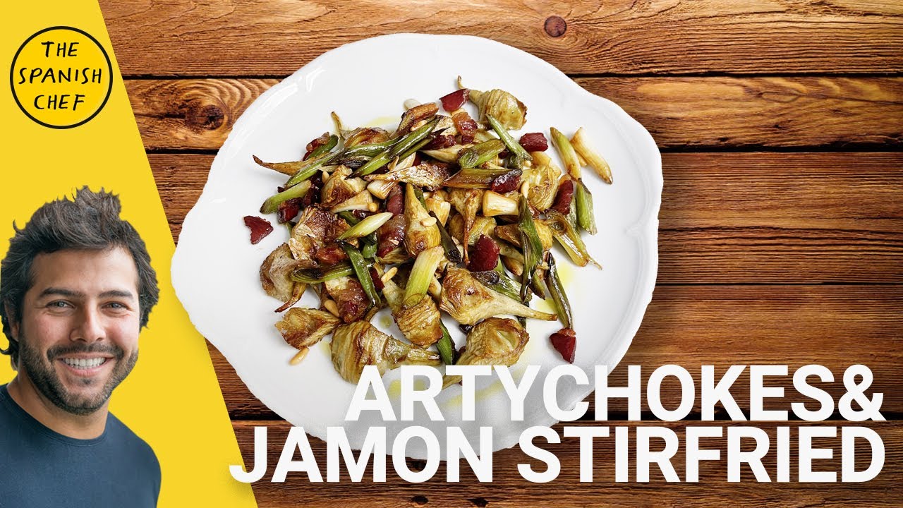 Artichokes, spring garlic and Spanish ham stir fry | Alcachofas y ajetes salteados con jamon