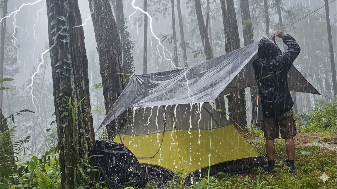 Solo Camping in EXTREME STORM | Heavy Rain & Violent Wind Sounds on Tarp
