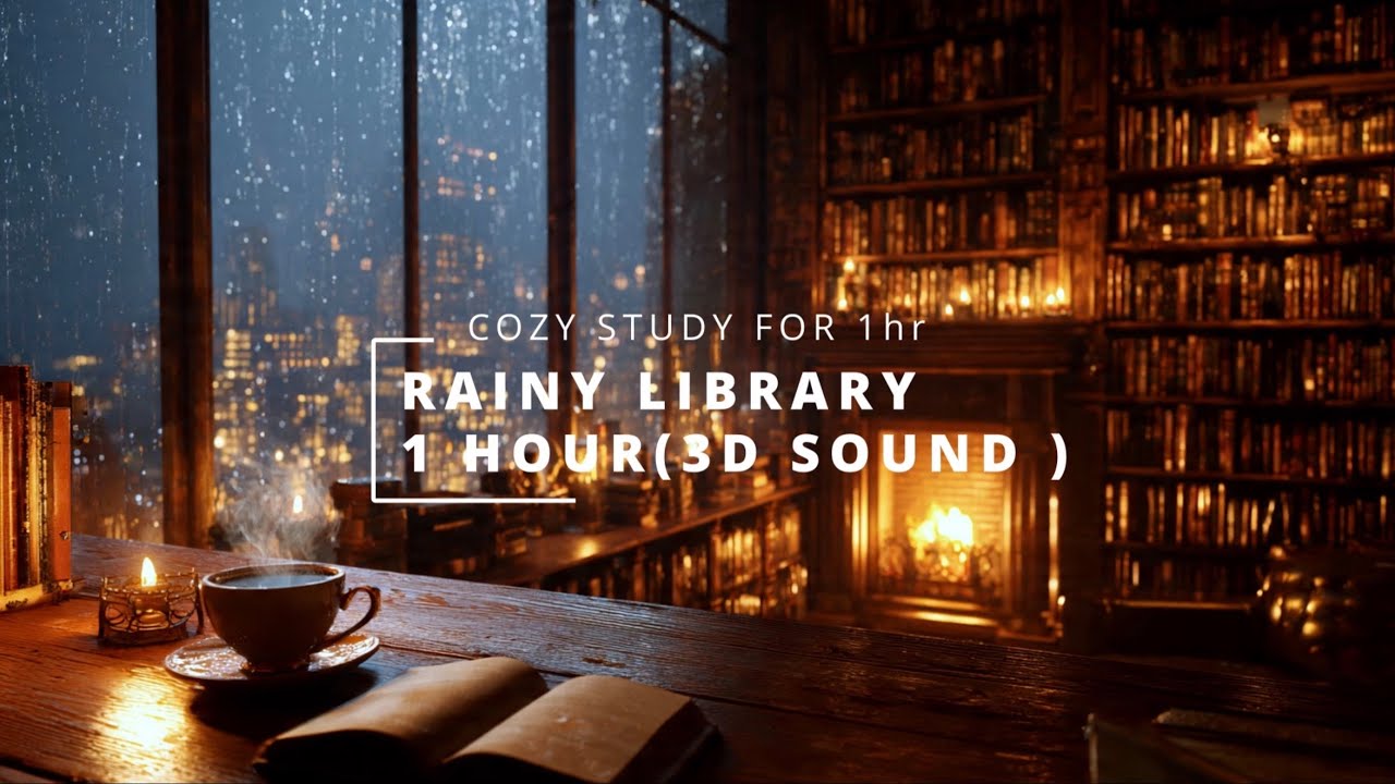 RAINY LIBRARY | 3D SOUND | 1 HOUR STUDY SESSION (NO MUSIC)