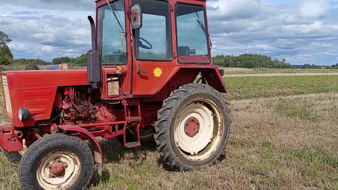 Т-25 сбивает ботву на поле картофеля.