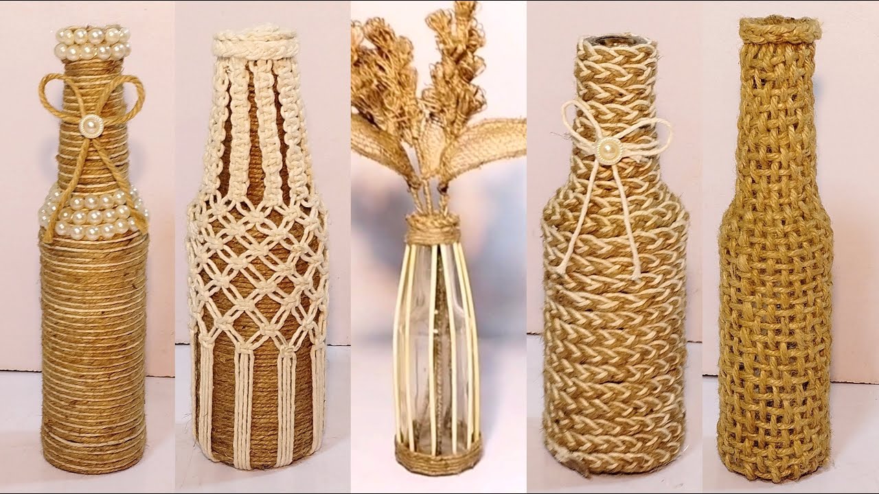 5 Ideas of Glass bottle decoration with jute rope | best out of waste|Jute Rope craft |Hamna Nadeem