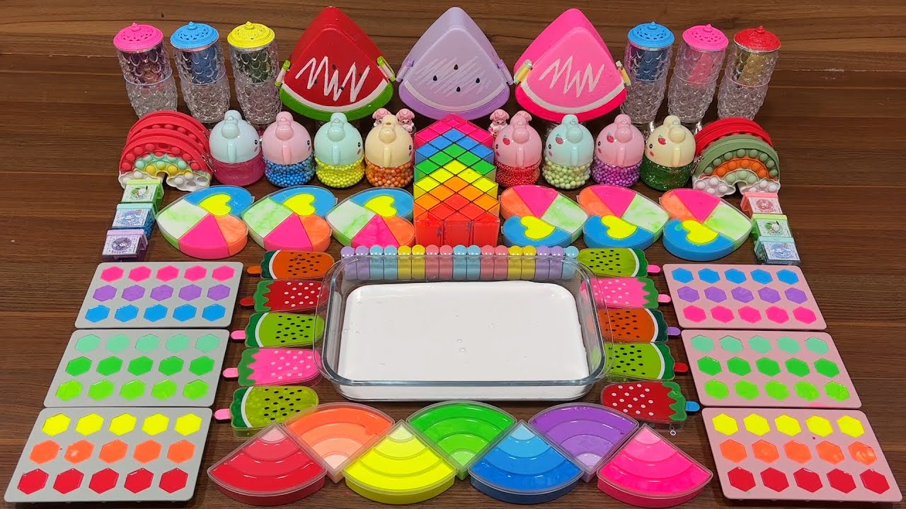 RAINBOW WATERMELON I Mixing random into  Glossy Slime I  Satisfying YEN Slime Video #709