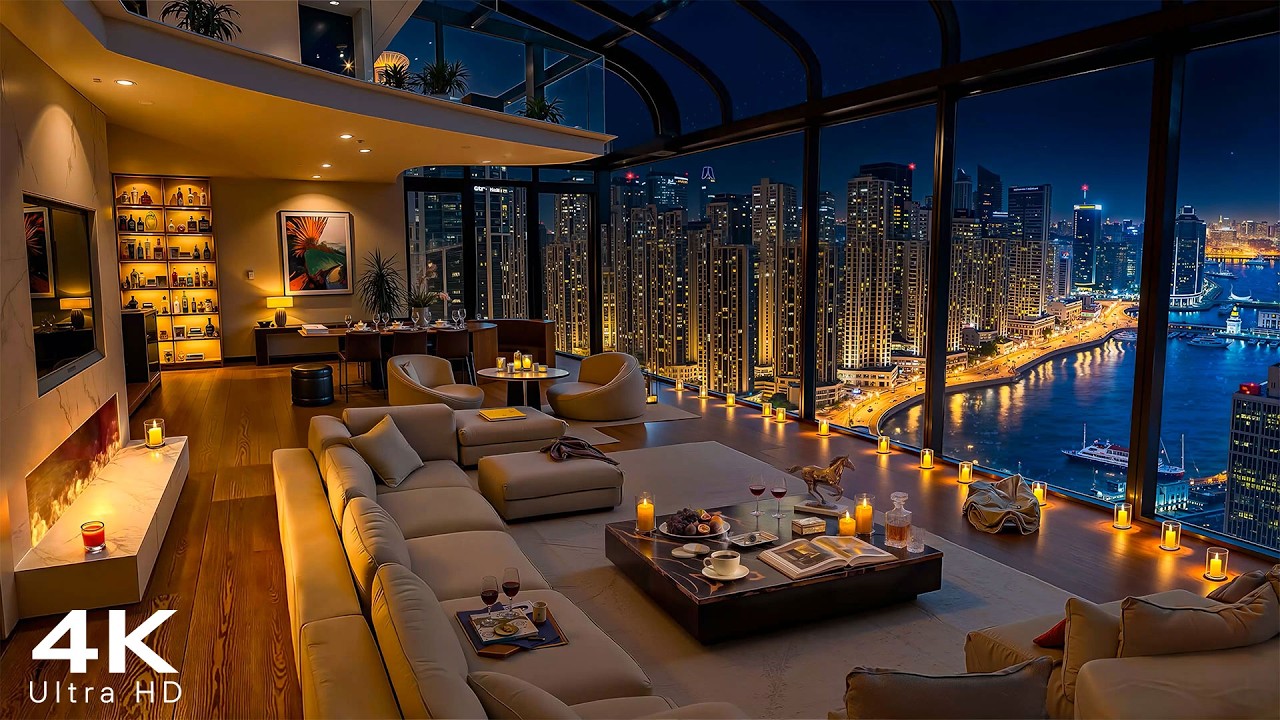 Luxury Apartment Ambience with Smooth Jazz Piano Music | 4K Urban Skyline Serenity for Study & Focus