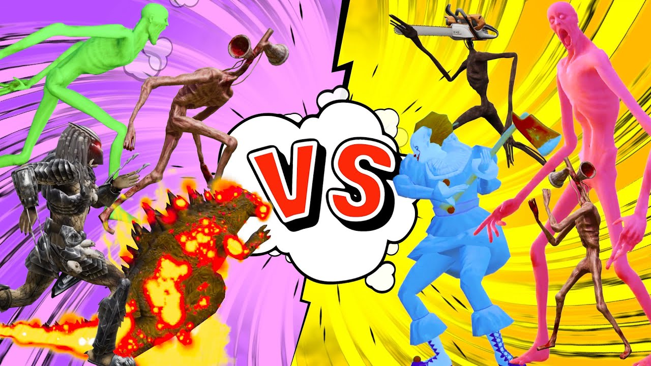 Team Giant Siren Head VS Predator, Godzilla, Pennywise It Clown and colorful SCP 096. Alien Dance.