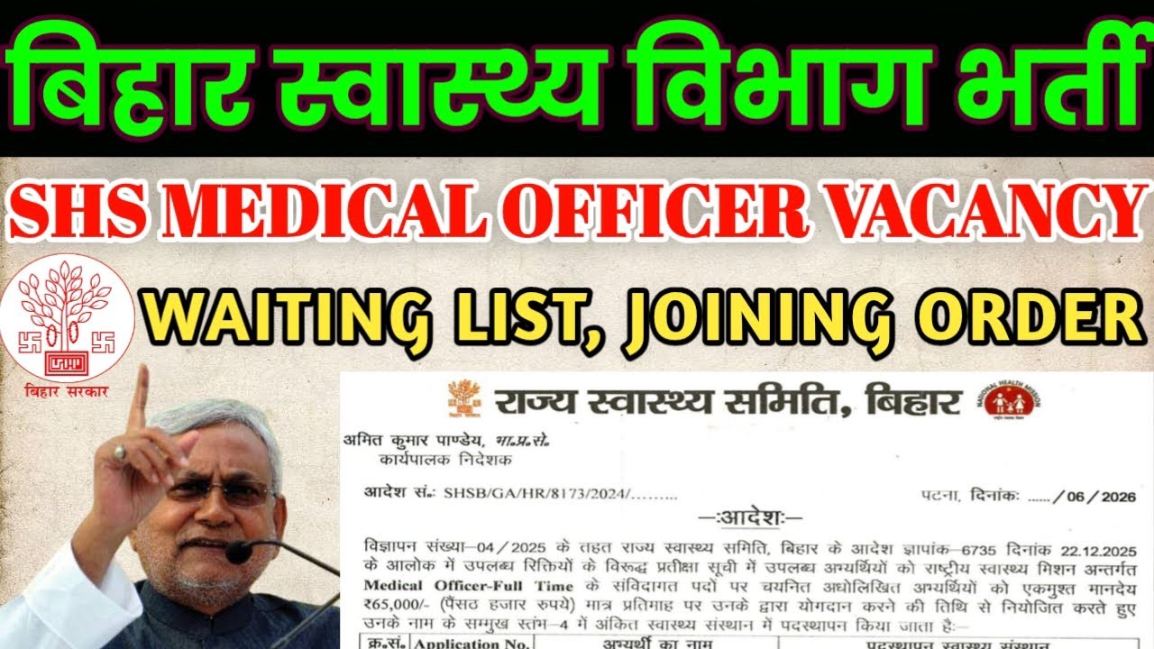 Bihar SHS Medical Officer Vacancy 2026 | SHS MO Recruitment Waiting List Out | MO Joining Order U...