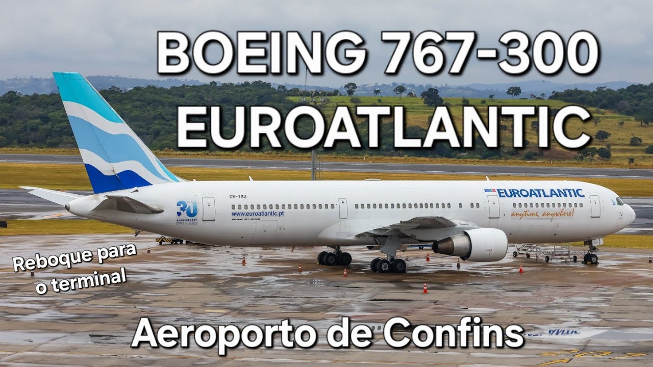 NO DETALHE: reboque do Boeing 767-300  da EuroAtlantic (CS-TSU), no Aeroporto de Confins