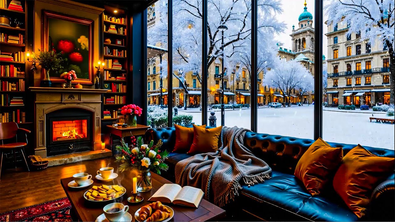 Jazz Smooth Relaxing Music ☕️ Warm Crackling Fireplace & Soft Snowfall Ambience for Study, Work