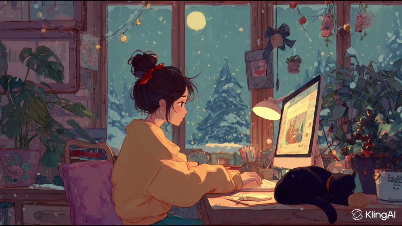 【フリーBGM】黒猫と一緒に🐈‍⬛作業用・勉強用クリスマス🎅静寂な雪の夜の作業部屋☃️｜Lofi　深い集中　落ち着く　心地よい　冬　ジャズ　ボサノバ