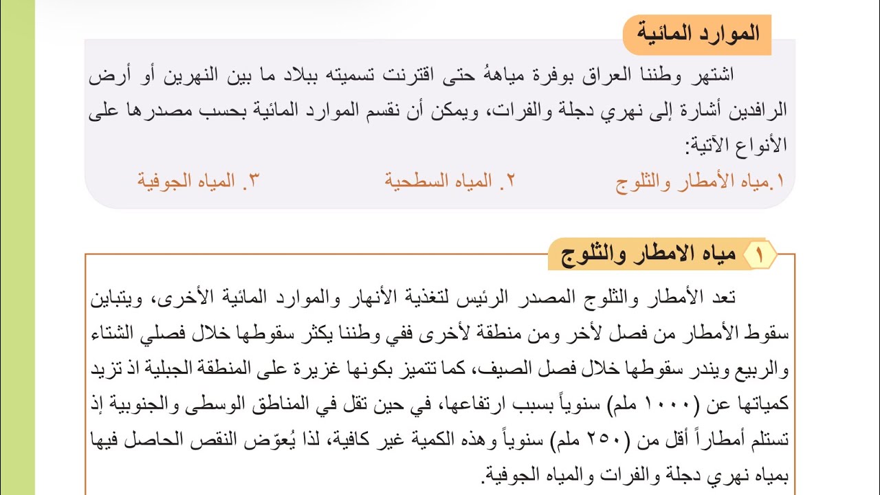 تلخيص صفحه 30- 31- 32 اجتماعيات ثالث متوسط الموارد المائيه و نهر دجله.
