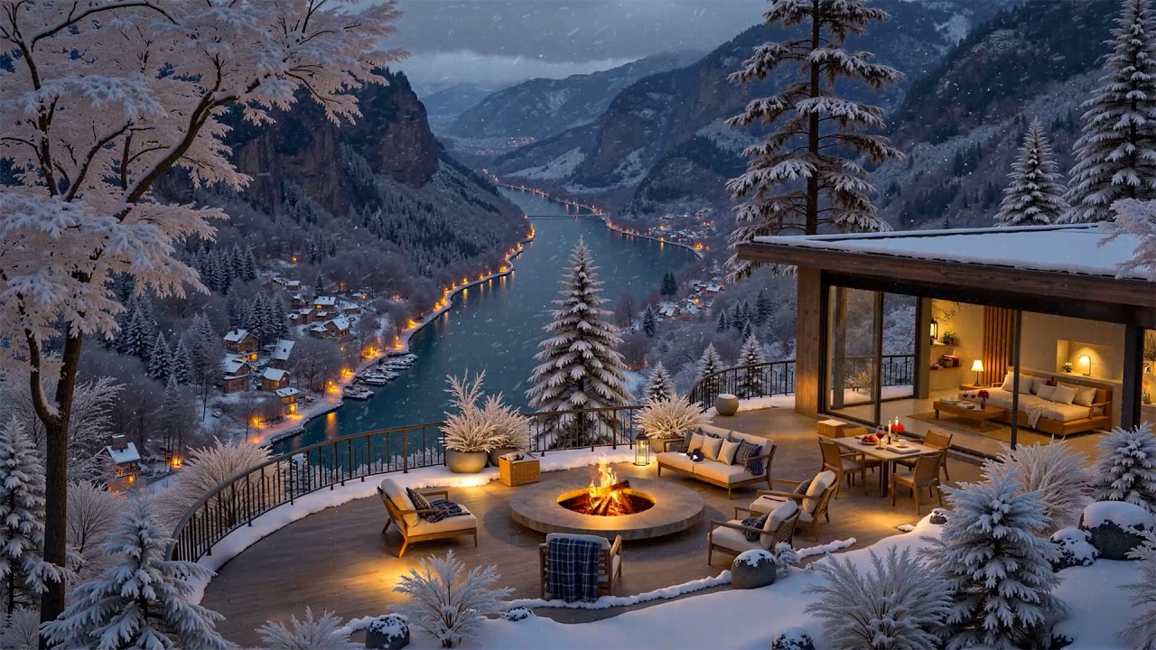 Luxury Snowy Riverside Café Terrace Retreat ❄️ Warm Jazz Playlist by the Fireplace for Focus & Relax