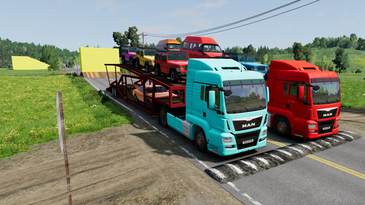 Double Flatbed Trailer Truck vs Lava Train Speedbumps Train vs Cars Tractor vs Train Beamng.Drive
