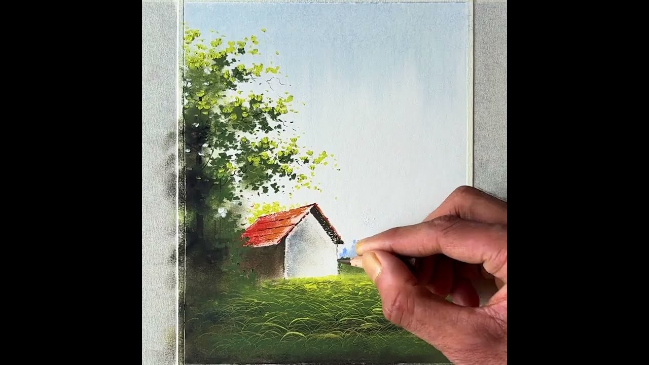 A beautiful village scenery drawing with oil pastels